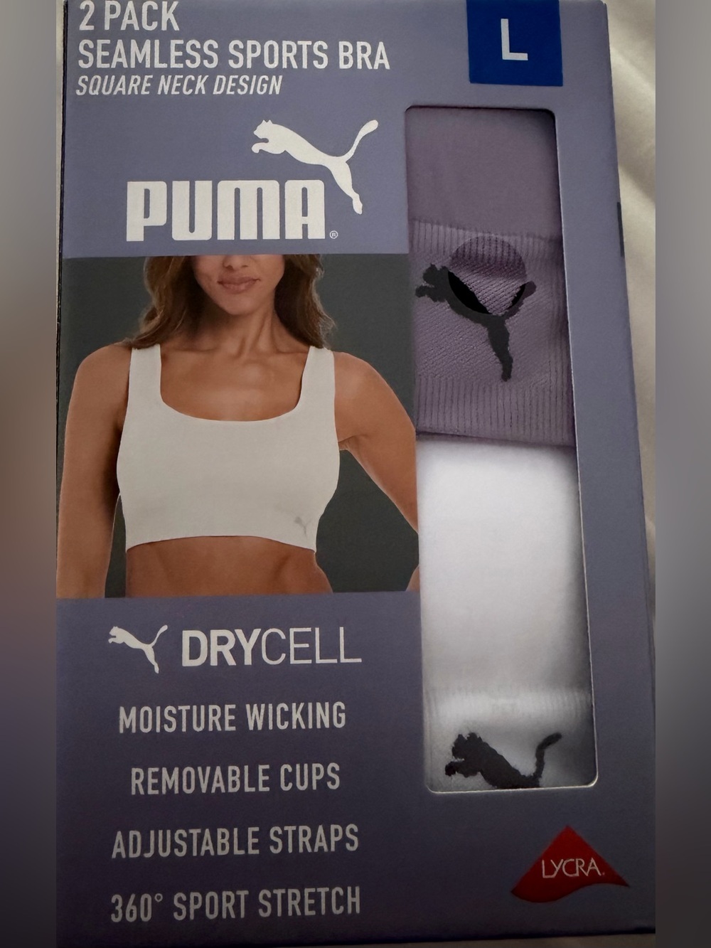 Puma Seamless Sports Bra 2-Pack in Lavender and White - Square Neck